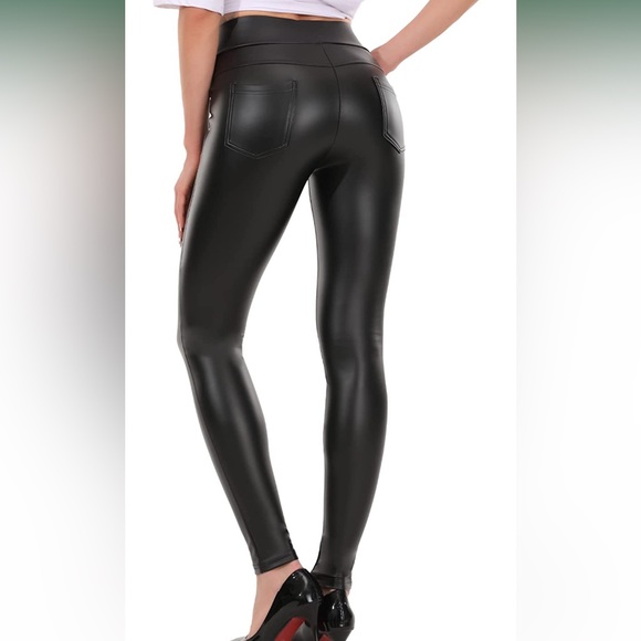 Black Faux Leather PU Women’s High Waist Leggings Cuffed Pants SMALL NWOT - Picture 2 of 10